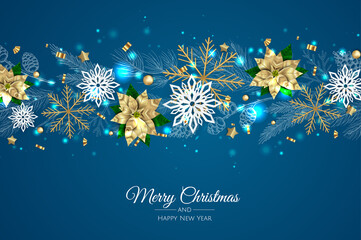 Fototapeta na wymiar Merry Christmas and Happy New Year greeting card. Christmas holiday background with fir tree, snowflakes, balls.