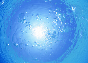 Bubbles Under Water. Under View of Sea, Ocean, Fresh and Clean Blue Water Background