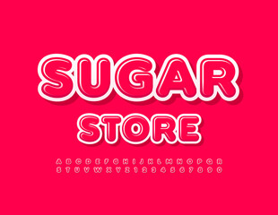 Vector creative Signboard Sugar Store. Glossy Kids Font. Bright Alphabet Letters and Numbers.