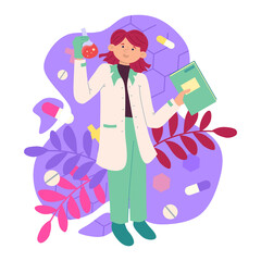 Vector illustration of a laboratory assistant girl watching the liquid in a glass beaker with interest.