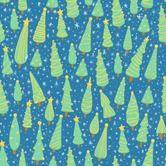 Seamless pattern with Christmas trees and falling snow. Cute hand drawn fir trees in garlands on blue background. Winter pattern for printing on fabrics and typography.