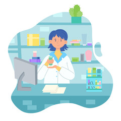 Vector illustration of a pharmacist's girl in a pharmacy with medicines