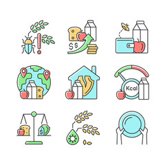 Hunger reasons RGB color icons set. Pests and harvest loss danger. Poverty and starvation. Financial problem that lead to hunger. Isolated vector illustrations. Simple filled line drawings collection