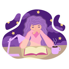 Vector illustration of a young girl reading a book carefully at night under the light of a lamp
