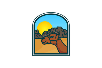 head of camel in desert logo design use modern style. colorful symbil isolated on horizontal layout background.