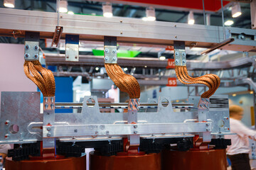 Copper wires to dry cast resin power transformer - obrazy, fototapety, plakaty