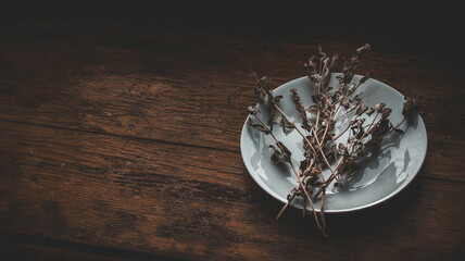 mint, plant, dry, wooden, table, dark, moody, brown, plate, glass, breakfast, coffee, desk, cup, meal, sugar, baked, brown, decoration, closeup 