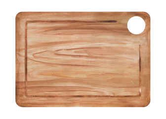 Сlassic wooden cutting board. Kitchen utensils, Watercolor illustration
