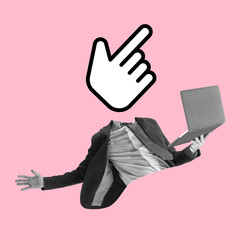 Contemporary art collage. Inspiration, idea, trendy urban magazine style. Man with computer hand sign instead head on pink background