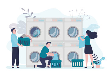 Girl takes out clean clothes from washer. Man hold basket with dirty things. People washes textiles in public laundry