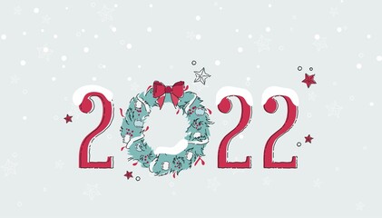 Happy new year 2022 holiday background with red numbers 2022 on snowy background. Vector illustration