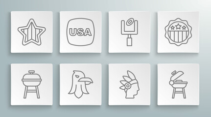 Set line Barbecue grill, USA Independence day, Eagle, Native American Indian, football goal post, and icon. Vector