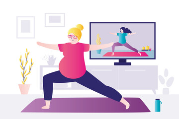 Fototapeta premium Girl practices yoga with trainer online. Woman with pregnant belly stands in warrior pose