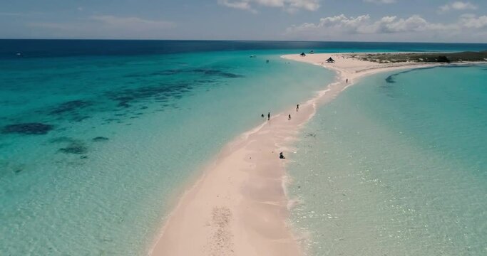 Aerial View Amazing tropical island , Summer and travel vacation concept  Los Roques venezuela,  dolly out pan  rigth  over Cayo de agua,.