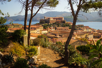 Panoramic view of the port of Elba island with the famous Fort Falcone in the background