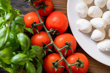 fresh ripe basil leaves with aromatic tomatoes and italian mozzarella, on the table. next to bruschetta and olive oil with Provencal herbs