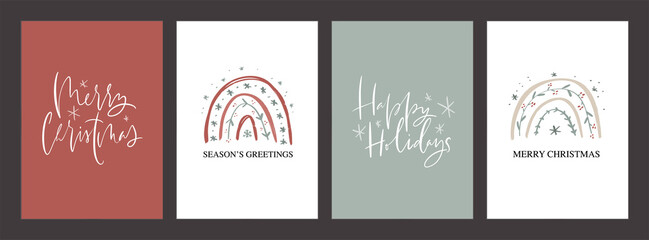 Minimalist Christmas card set. Modern botanical vector design in white, red and mint green colours. Winter holiday calligraphy greetings and hand drawn abstract graphic.