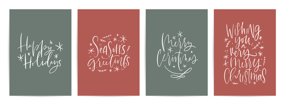 Christmas greeting card set calligraphy design. Vector winter holiday traditional wishes. Modern script text phrases for wall art or banner on red and green backgrounds. 