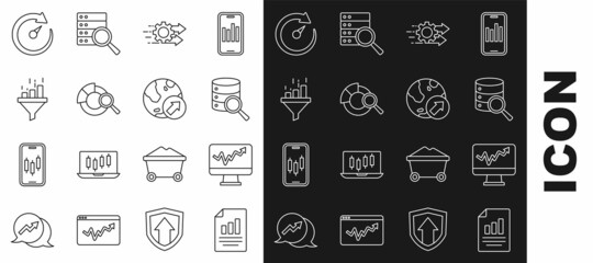 Set line Document with graph chart, Monitor, Server, Time management, Search data analysis, Sales funnel, Digital speed meter and Financial growth icon. Vector