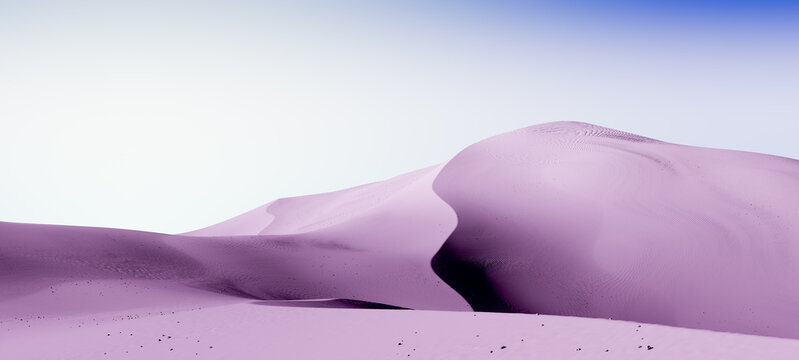Blue sky and pale purple dunes. Desert dunes landscape with contrast skies. Minimal abstract background. 3d rendering