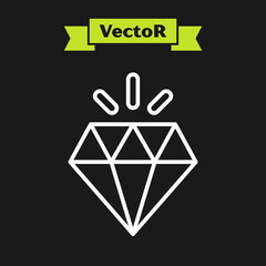 White line Diamond icon isolated on black background. Jewelry symbol. Gem stone. Vector