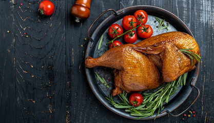 Smoked chicken on the grill smoker with osemary and cherry tomatoes, banner, menu, recipe place for...