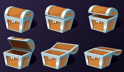Treasure chest for animation. Cartoon empty treasure casket opening frames. Closed ancient chest with lock.