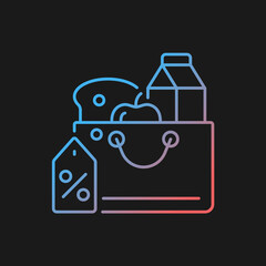 Obraz premium Reduced food prices gradient vector icon for dark theme. Grocery discounts. Buying products at low price. Thin line color symbol. Modern style pictogram. Vector isolated outline drawing