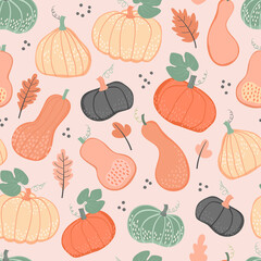 Seamless pattern with colorful leaves and pumpkins
- 465053968
