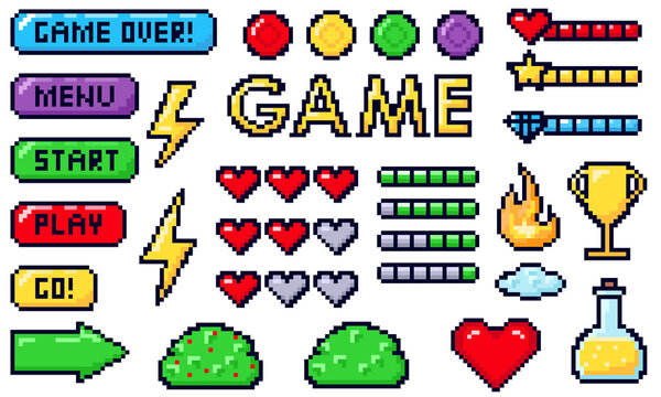 Pixel game elements set. Digital life bars and menu button as menu, stop and play. Retro game assets. Set of icons. Vintage computer video arcades.
