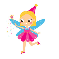 Cute fairy flapping magic wand. Cartoon flying fairy, pixie, elf character