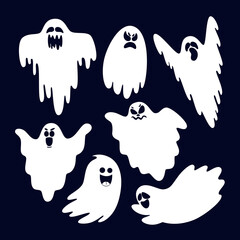 Funny Halloween ghost set in different poses. White flying spooky ghost silhouette isolated on dark background. Spooky monster vector isolated icons.