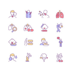 Lung infection symptoms RGB color icons set. Pulmonary inflammation. Pneumonia diagnosis. Tuberculosis signs. Contagious disease. Isolated vector illustrations. Simple filled line drawings collection