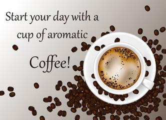 Realistic cup of coffee on grey background. Break time, good morning, drink menu design concept. Trendy banner or poster