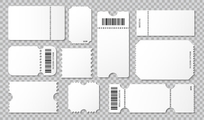 Empty ticket template. Concert movie theater and boarding blank white tickets, lottery coupons with ruffle edges. Vector coupon - stock vector.