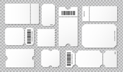 Obraz premium Empty ticket template. Concert movie theater and boarding blank white tickets, lottery coupons with ruffle edges. Vector coupon - stock vector.