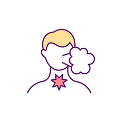 Sore throat with cough RGB color icon. Tonsillitis symptoms. Frequent throat clearing. Tonsils inflammation. Breathing difficulties. Isolated vector illustration. Simple filled line drawing