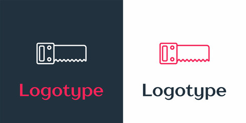 Obraz premium Logotype line Hand saw icon isolated on white background. Logo design template element. Vector