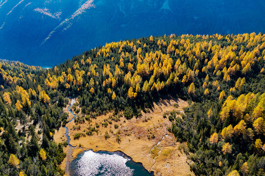 autumn aerial view of the Entova lake in Valmalenco, Italy