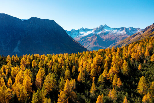 autumn aerial view of Alpe Entova in Valmalenco, Italy