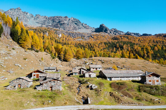 Valmalenco in Valtellina, Italy, autumn view of Alpe Entova