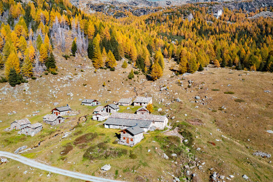 Valmalenco in Valtellina, Italy, autumn view of Alpe Entova