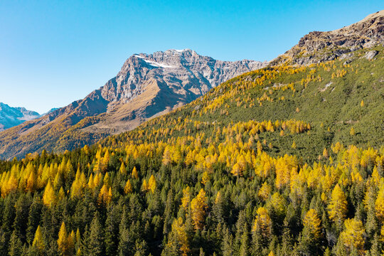 autumn aerial view of Alpe Entova in Valmalenco, Italy