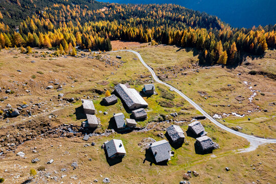 Valmalenco in Valtellina, Italy, autumn view of Alpe Entova