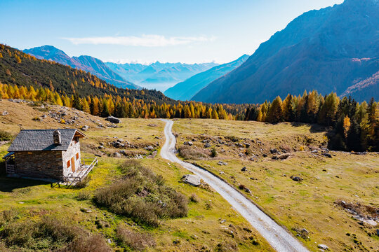 Valmalenco in Valtellina, Italy, autumn view of Alpe Entova