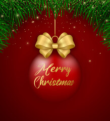 Obraz na płótnie Canvas Merry Christmas card. Christmas tree branches, red ball, gold decor and confetti.