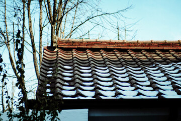 On a cold winter afternoon, snow that didn't melt on a tiled roof