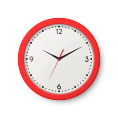 Vector 3d Realistic Red Wall Office Clock Isolated on White. White Dial. Design Template of Wall Clock Closeup. Mock-up for Branding, Advertise. Top, Front View