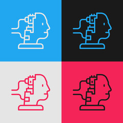 Pop art line Robot connected for maintenance icon isolated on color background. Artificial intelligence, machine learning, cloud computing. Vector