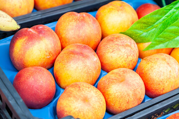 Different varieties of peaches on sale in a local bazaar kemer turkey. Fresh fruits for juice